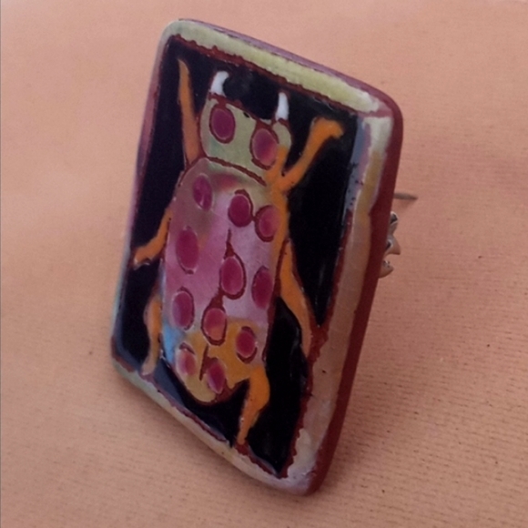 c'94 WASHINGTON LEDESMA HandMade Terracotta Beetle Brooch Wearable Pottery Art - Picture 6 of 12